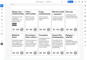 Adobe Illustrator for iPad screenshot showing an artboard titled "Zine Tags," an 8.5"x11" space with 10 different zine description tags