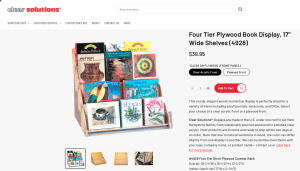 Screenshot from Clear Solution's website showing the "Four Tier Plywood Book Display, 17" Wide Shelves" part number: 4928 for $39.95