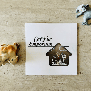 'Cat Fur Emporium' zine cover, a chalkboard drawing inside a house shape of a woman and two cats standing on grass with clouds above them. The words 'Cat Fur Emporium' are big, black, and in a script typeface.